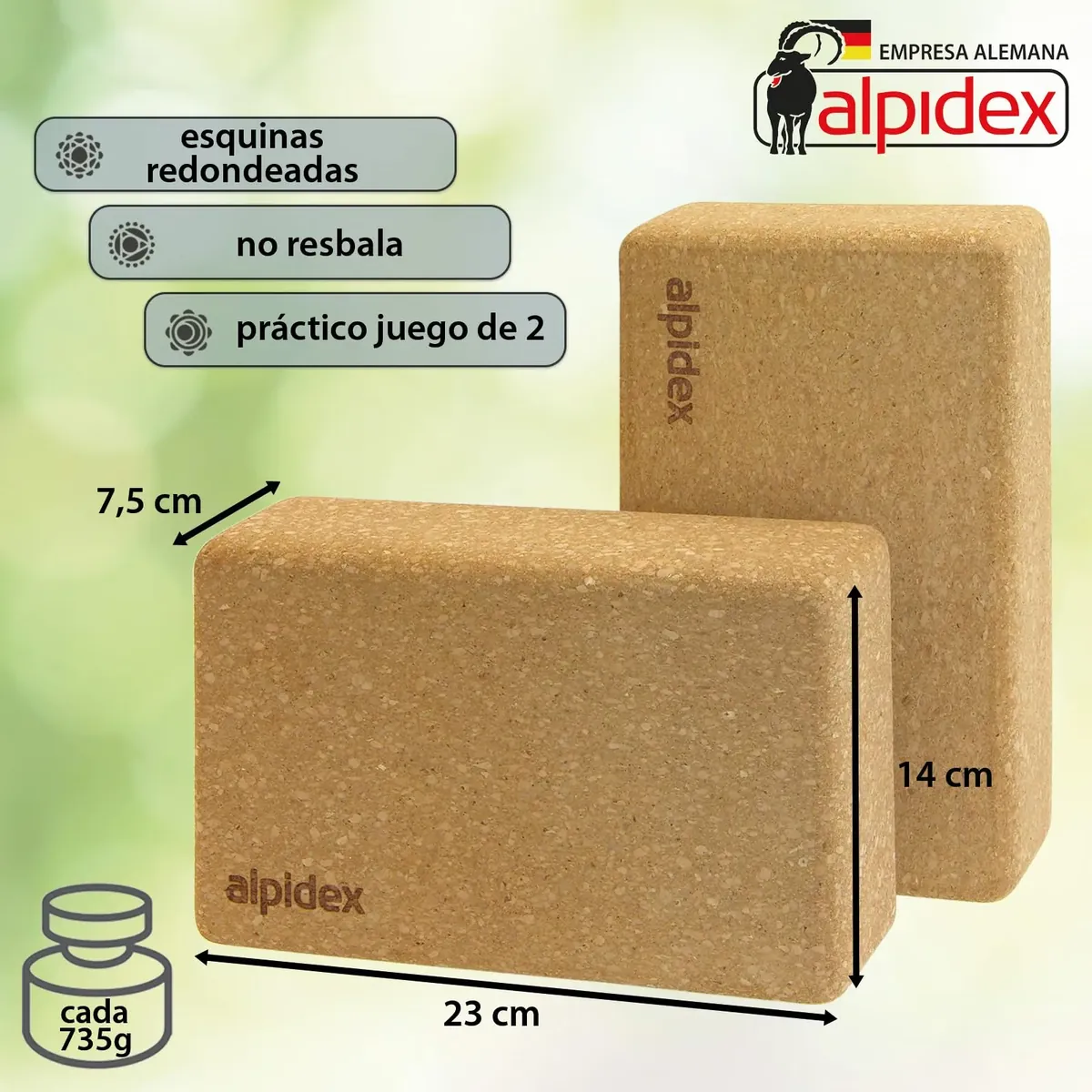 ALPIDEX Bloque de Corcho Juego de 2 Yoga Block Cork Ladrillo incl. libro electrónico con 100 ejercicios ecológico y sostenible corcho de Portugal foto 1