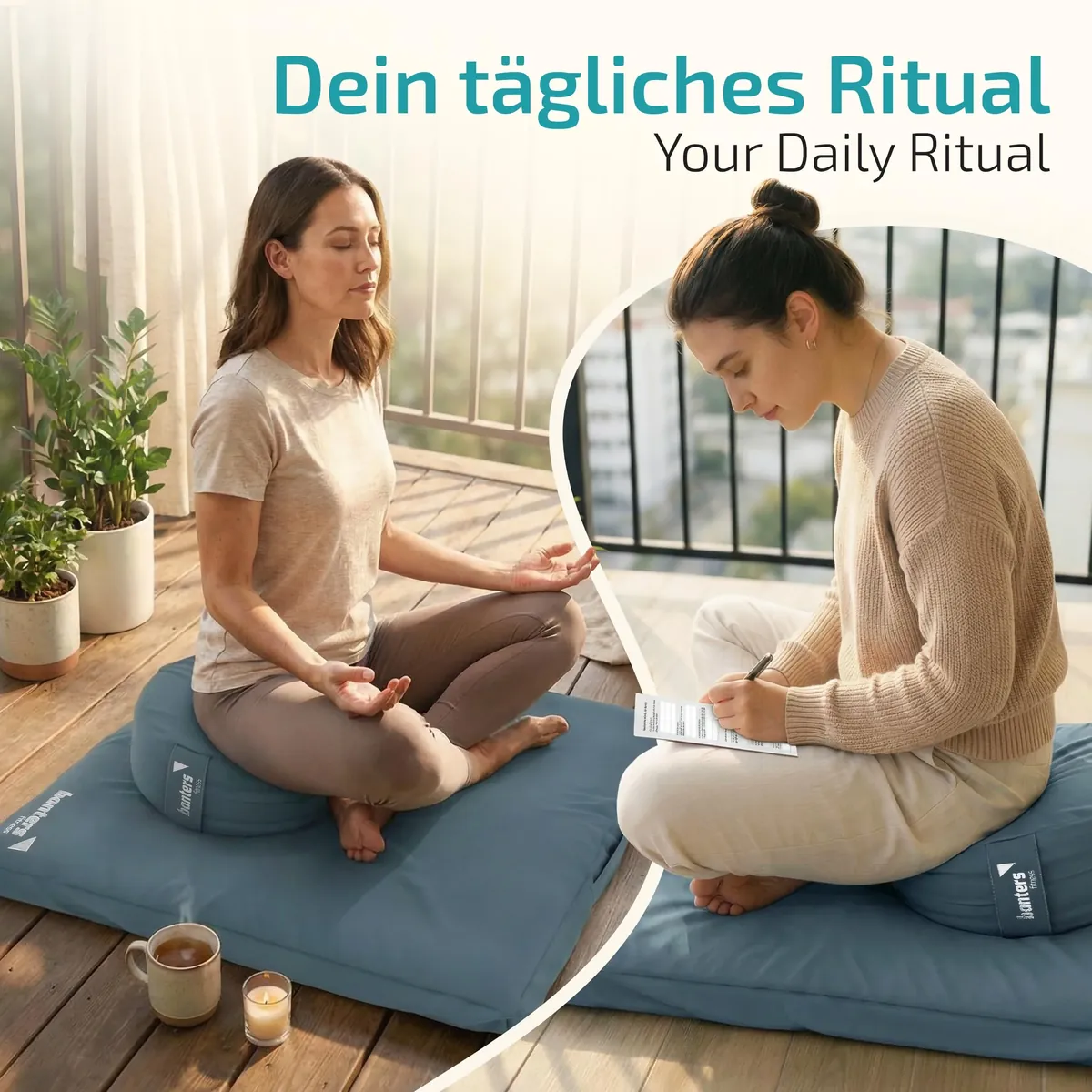 Banters Zabuton - Alfombrilla de meditación (80 x 80 x 6 cm, 100% algodón orgánico, base ergonómica para yoga, lavable, incluye plantilla de diario de 5 minutos) foto 3