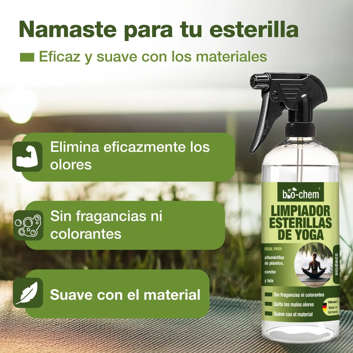 Bio-Chem - Producto para el cuidado de esterillas deportivas - Limpiador antiolor para colchoneta de yoga pilates fitness - Accesorios de limpieza para equipo deportivo foto 1