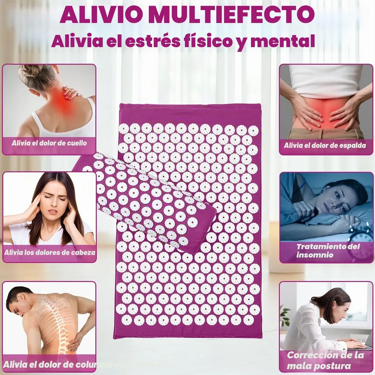 Cojín de Acupresión con Almohada, Almohadilla de Acupresión Mat de Masaje de Acupresión para Alivio del Dolor, Relajación Muscular, Meditación, Estimulación(Púrpura) foto 1