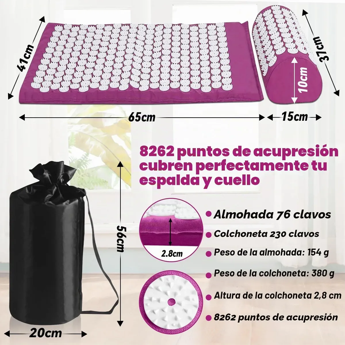 Cojín de Acupresión con Almohada, Almohadilla de Acupresión Mat de Masaje de Acupresión para Alivio del Dolor, Relajación Muscular, Meditación, Estimulación(Púrpura) foto 2