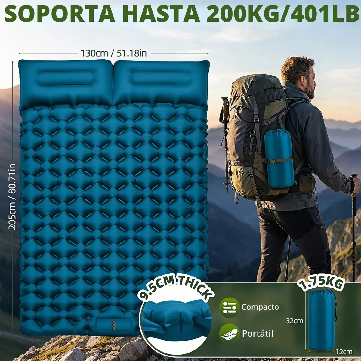 Colchoneta Camping para 2 personas 9,5 cm 204x130 cm Ultraligero portátil foto 2