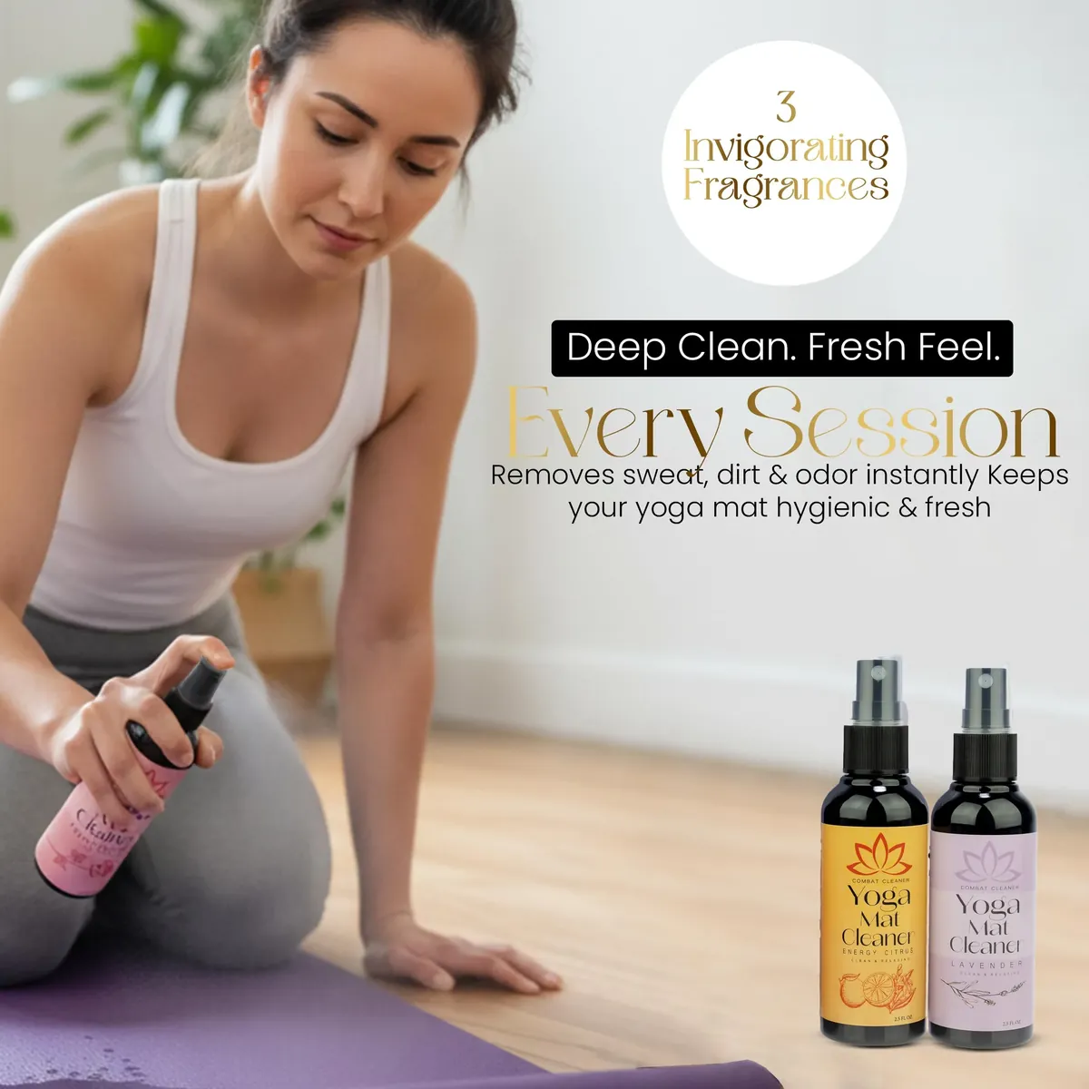 Combat Cleaner Kit de spray limpiador de esterilla de yoga (paquete de 3) incluye una toalla de microfibra, restaura y refresca las esterillas de yoga (lavanda, rosas frescas, cítricos energéticos) foto 1