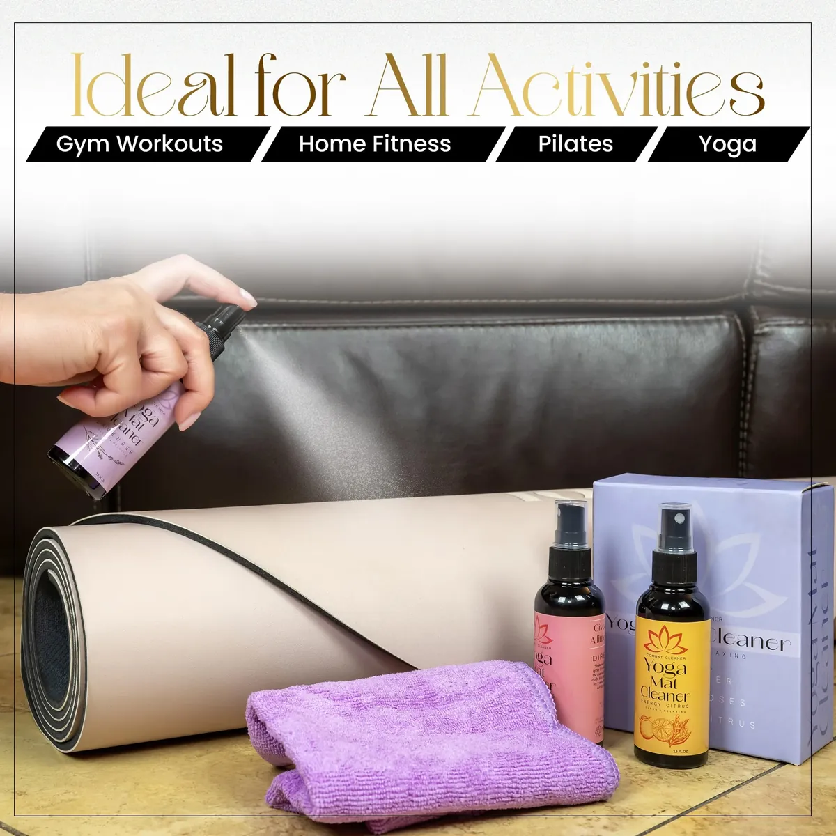 Combat Cleaner Kit de spray limpiador de esterilla de yoga (paquete de 3) incluye una toalla de microfibra, restaura y refresca las esterillas de yoga (lavanda, rosas frescas, cítricos energéticos) foto 5