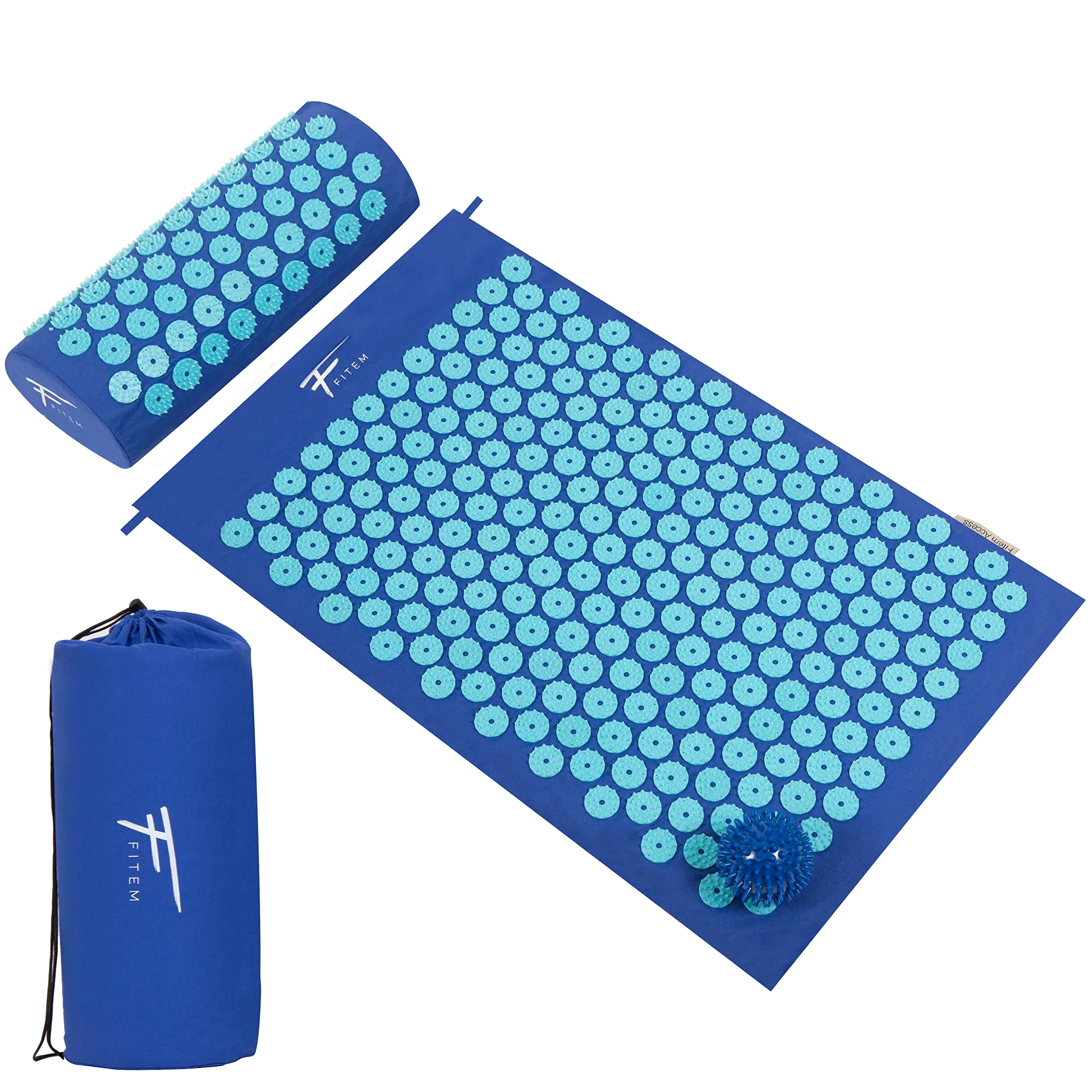 Fitem - Kit de acupresión – Alfombrilla, cojín, bolsa y bola de masaje – Alivia dolores de espalda y cuello – Relajación muscular (azul-turquesa)