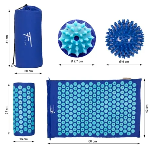 Fitem - Kit de acupresión – Alfombrilla, cojín, bolsa y bola de masaje – Alivia dolores de espalda y cuello – Relajación muscular (azul-turquesa) foto 2
