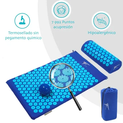 Fitem - Kit de acupresión – Alfombrilla, cojín, bolsa y bola de masaje – Alivia dolores de espalda y cuello – Relajación muscular (azul-turquesa) foto 3