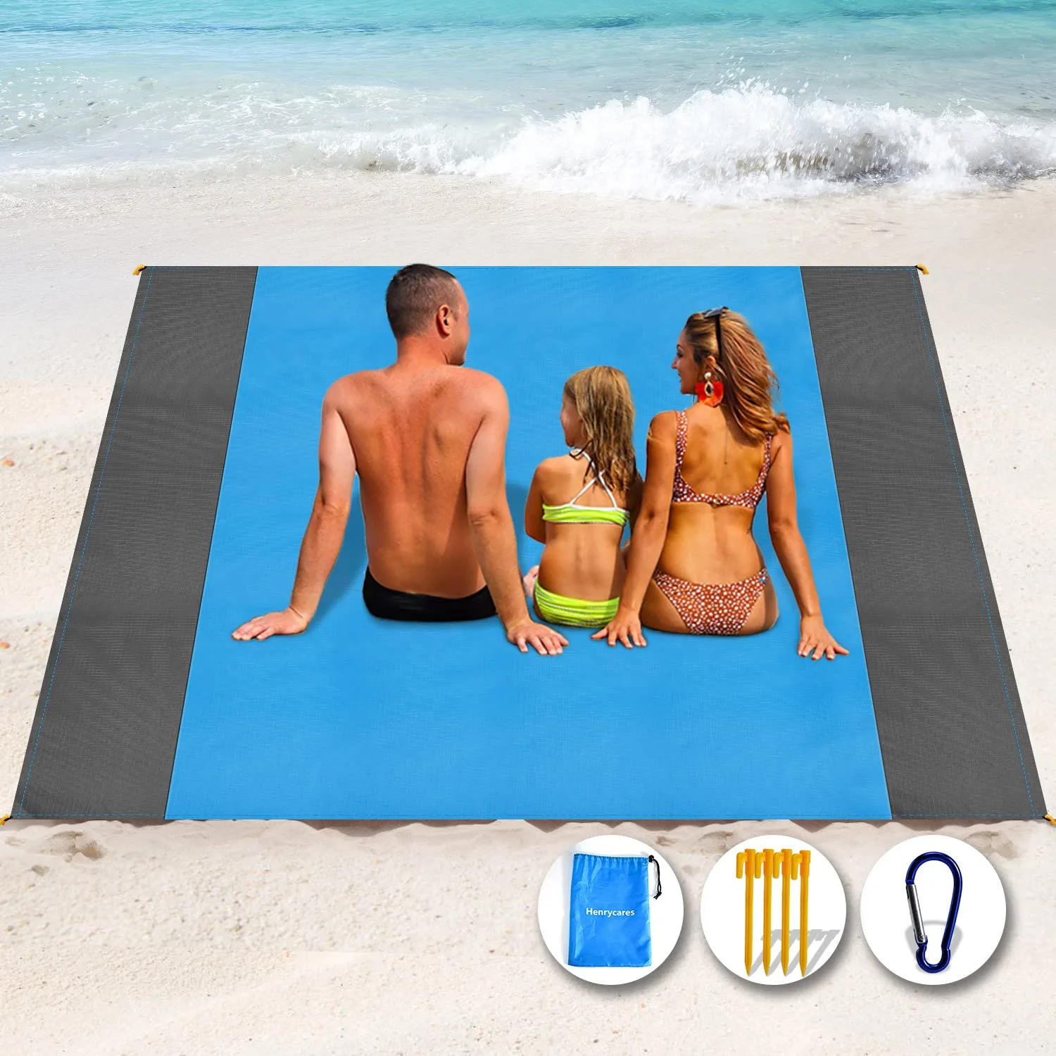 Henrycares Alfombra de Playa 250 x 200cm Grande, Mantas de Playa Antiarena Impermeable Esterilla Playa, Playa Accesorios con 4 Clavos de Fijación, Ideal para Viajes al Aire Libre (Azul)