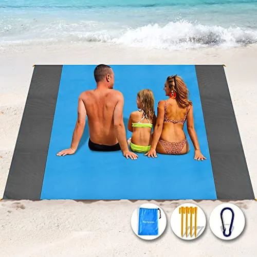 Henrycares Alfombra de Playa 250 x 200cm Grande, Mantas de Playa Antiarena Impermeable Esterilla Playa, Playa Accesorios con 4 Clavos de Fijación, Ideal para Viajes al Aire Libre (Azul) foto 1