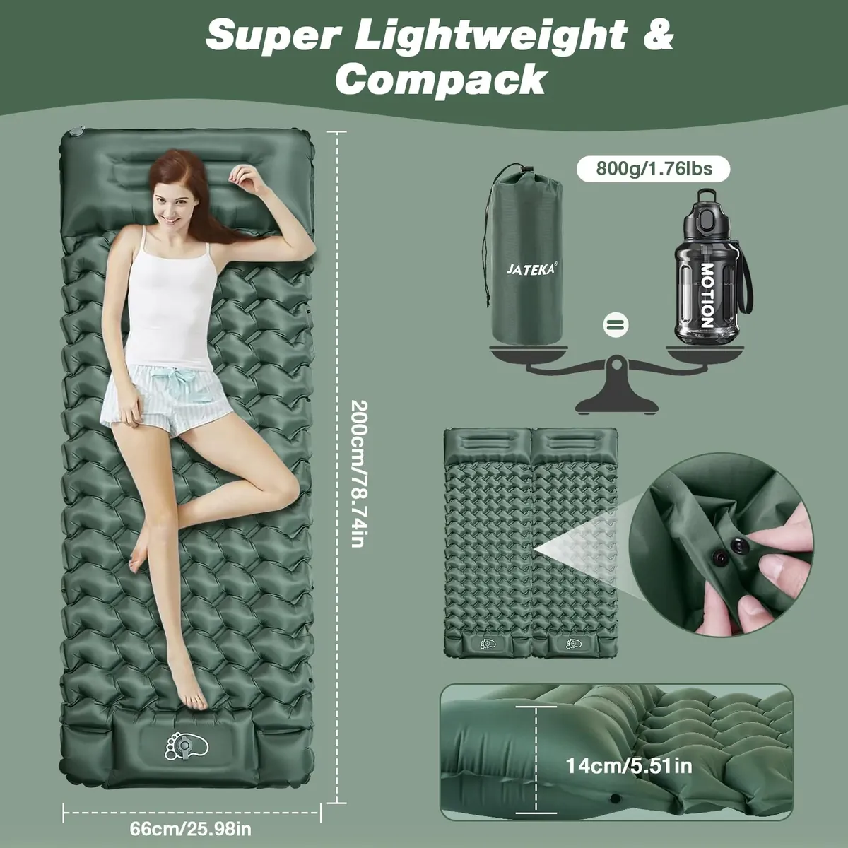 JATEKA Esterilla Camping Inflable, Colchoneta Camping Autoinflable Individual con Bomba de Pie, Esterilla Hinchable con Almohada, Colchón de Aire Ultraligero y Compacto para Camp Viaje Playa foto 6