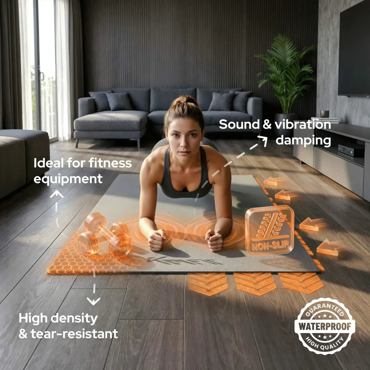 KM-Fit Esterilla Protectora Fitness | Alfombrilla Antideslizante para Aparatos de Gimnasio | Aislante Acústico y Antivibraciones | Yoga, Pilates y Ejercicio | 4 Tamaños Disponibles foto 2