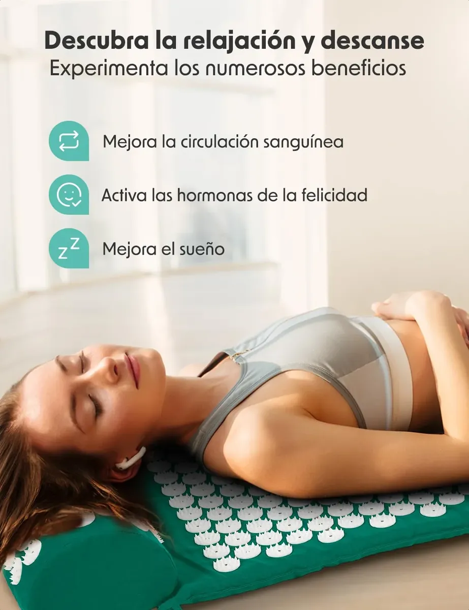 LifeGood Esterilla Acupresion - Eco - Con Cojín, Bolas de Masaje y Bolsa - Almohada - Colchoneta de Acupuntura Relajación y Alivio del Dolor - Flor de Loto - Bianco & Verde foto 1