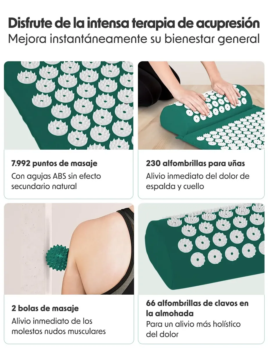 LifeGood Esterilla Acupresion - Eco - Con Cojín, Bolas de Masaje y Bolsa - Almohada - Colchoneta de Acupuntura Relajación y Alivio del Dolor - Flor de Loto - Bianco & Verde foto 2