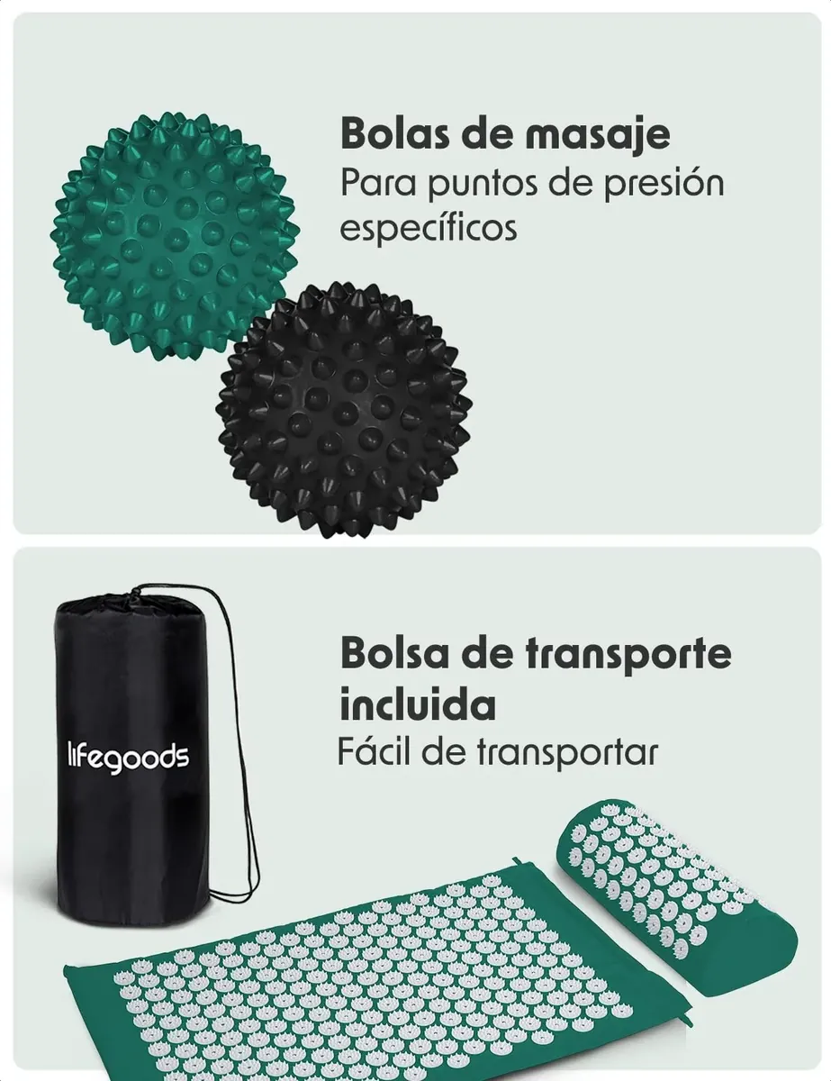 LifeGood Esterilla Acupresion - Eco - Con Cojín, Bolas de Masaje y Bolsa - Almohada - Colchoneta de Acupuntura Relajación y Alivio del Dolor - Flor de Loto - Bianco & Verde foto 5