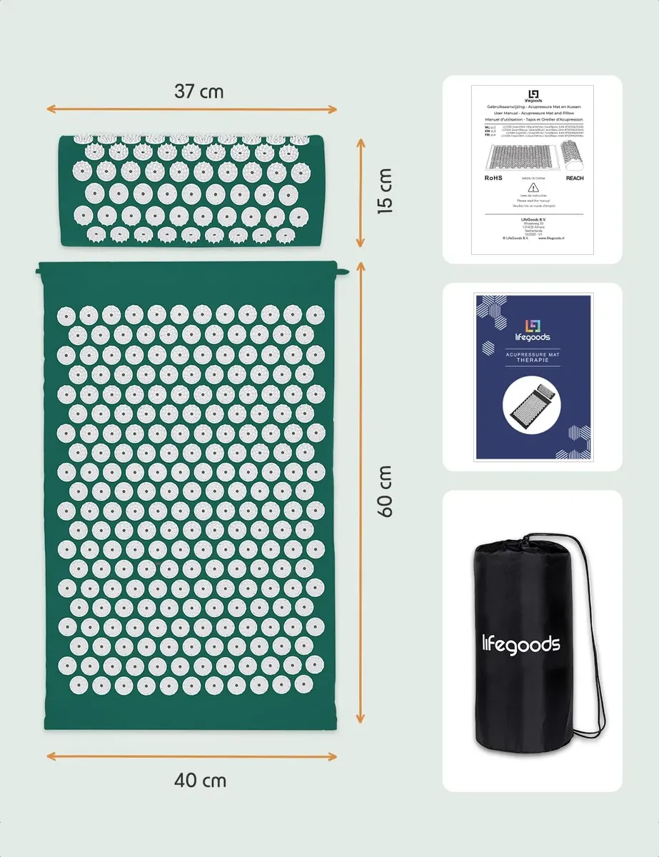 LifeGood Esterilla Acupresion - Eco - Con Cojín, Bolas de Masaje y Bolsa - Almohada - Colchoneta de Acupuntura Relajación y Alivio del Dolor - Flor de Loto - Bianco & Verde foto 6