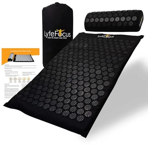 LyfeFocus Juego de alfombrilla de acupresión y almohada con bolsa de viaje, alfombrilla de masaje de acupuntura acolchada para aliviar el dolor de espalda, cuello y hombros, alivia la tensión muscular foto 1