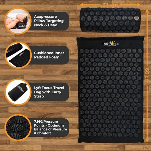 LyfeFocus Juego de alfombrilla de acupresión y almohada con bolsa de viaje, alfombrilla de masaje de acupuntura acolchada para aliviar el dolor de espalda, cuello y hombros, alivia la tensión muscular foto 4