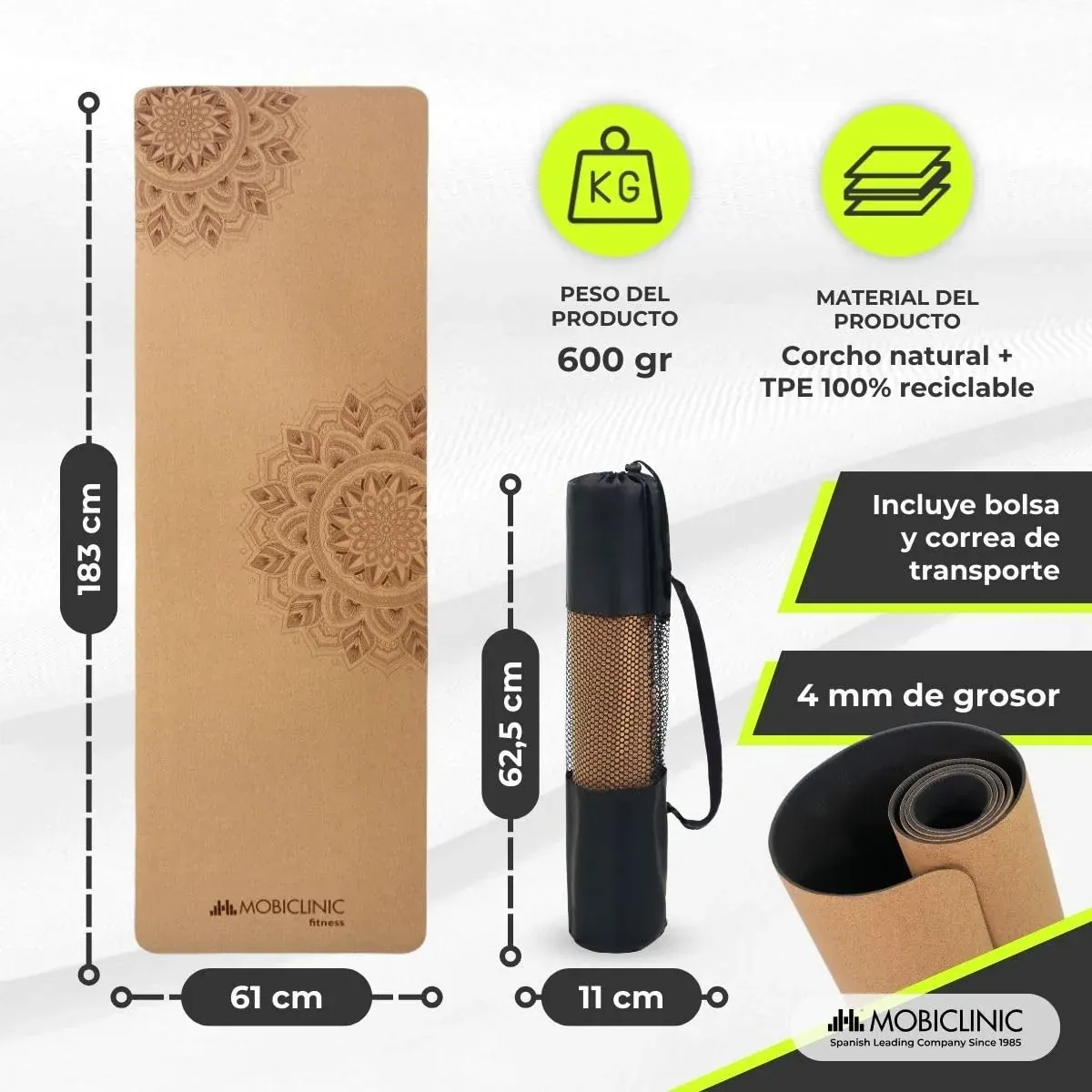 Mobiclinic®, Esterilla yoga corcho natural, Antideslizante, Bolsa de transporte, Antimicrobiana, 4mm grosor, Tpe 100% reciclable, Ecológica, 183x61cm, Diseño mandala, Ey-02, Pilates, Fitness foto 1