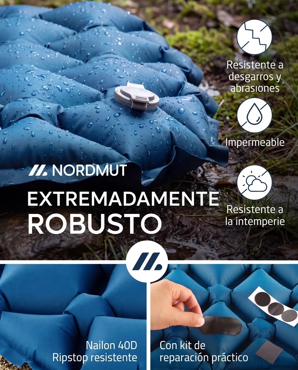 NORDMUT® Colchoneta Ultraligera [con Kit de Reparación] – Colchón Inflable de Camping, Tamaño Compacto – Colchoneta Outdoor Impermeable para Tienda & Festivales (Azul) foto 6