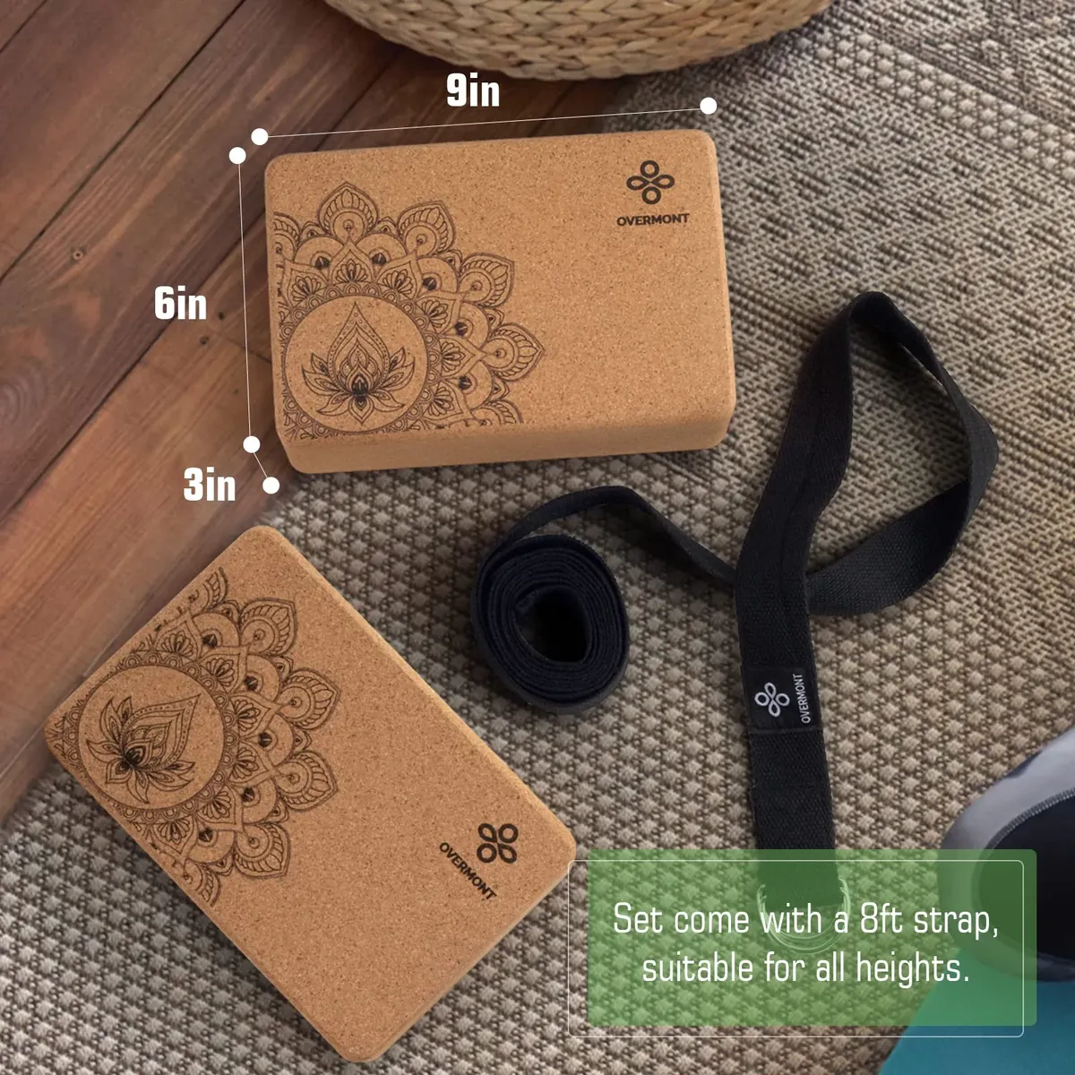 Overmont Baldosas de Yoga de Corcho,2 Yoga Block Natural Ecológico,con correas para yoga, pilates, fitness en general y estiramientos,para Principiantes y Profesionales,23 x 15 x 7,6 cm foto 2