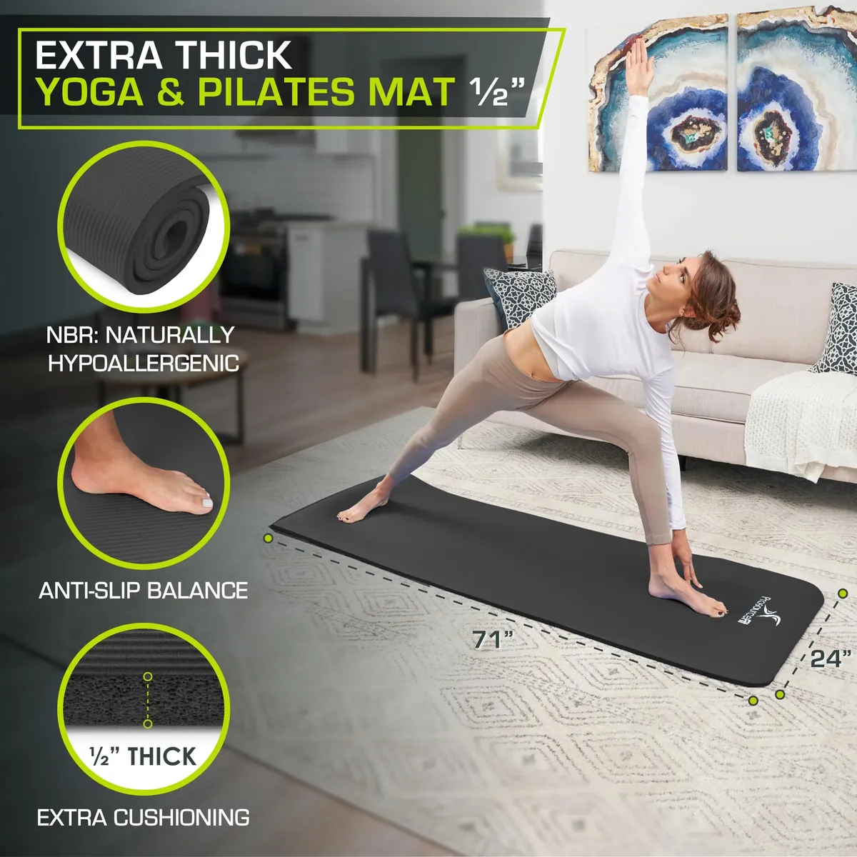 ProsourceFit Extra Thick Yoga and Pilates Mat ½” (13mm) or 1" (25mm), 71-inch Long High Density Exercise Mat with Comfort Foam and Carrying Strap foto 1