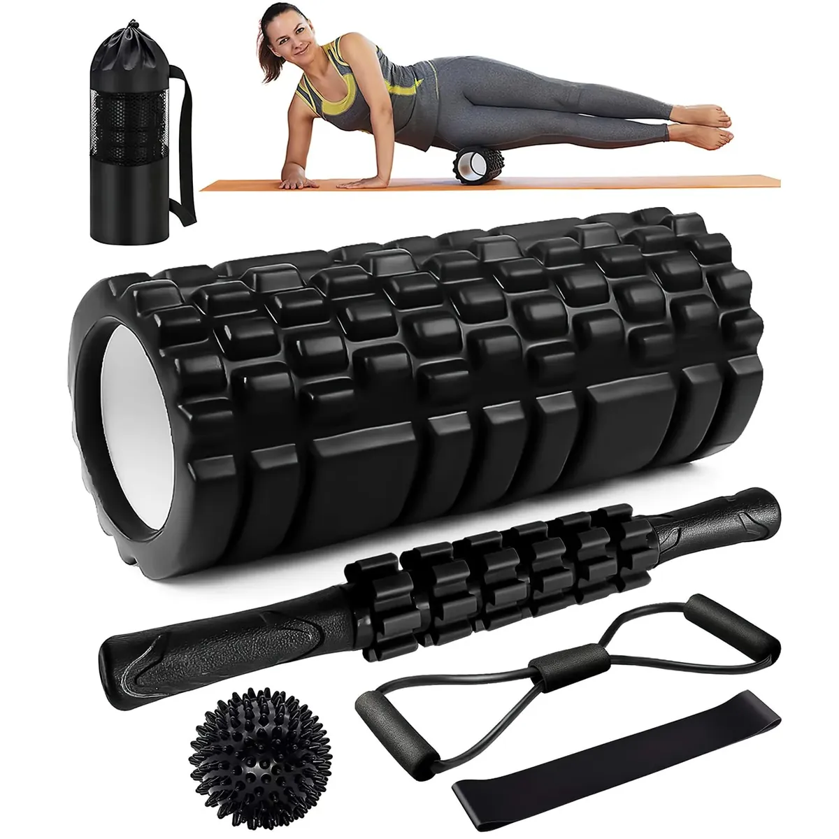 Rodillo Masaje Muscular, Qveetry 6en1 Rodillos de Espuma con Palos de Masaje, Bolas de Masaje, Foam Roller para Rodillos de Masaje de Tejido Profundo