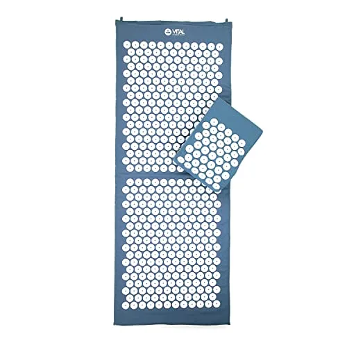 Set de acupresión Vital XL: esterilla de acupresión (130 x 50 cm) y cojín de acupresión en un juego económico, estera revitalizante para la espalda y la almohada para el cuello, AZUL foto 1