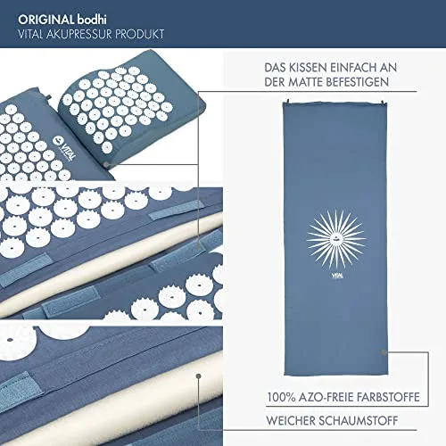 Set de acupresión Vital XL: esterilla de acupresión (130 x 50 cm) y cojín de acupresión en un juego económico, estera revitalizante para la espalda y la almohada para el cuello, AZUL foto 3