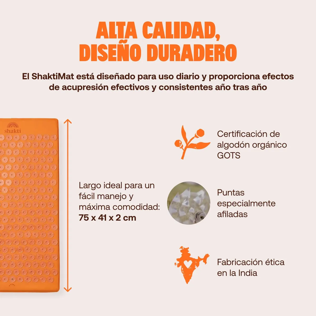 ShaktiMat [La original] Esterilla de acupresión - Algodón orgánico - Fabricación ética - Relajación y masaje en la espalda, la cervical, los piernas, los pies - Amber Naranja foto 2