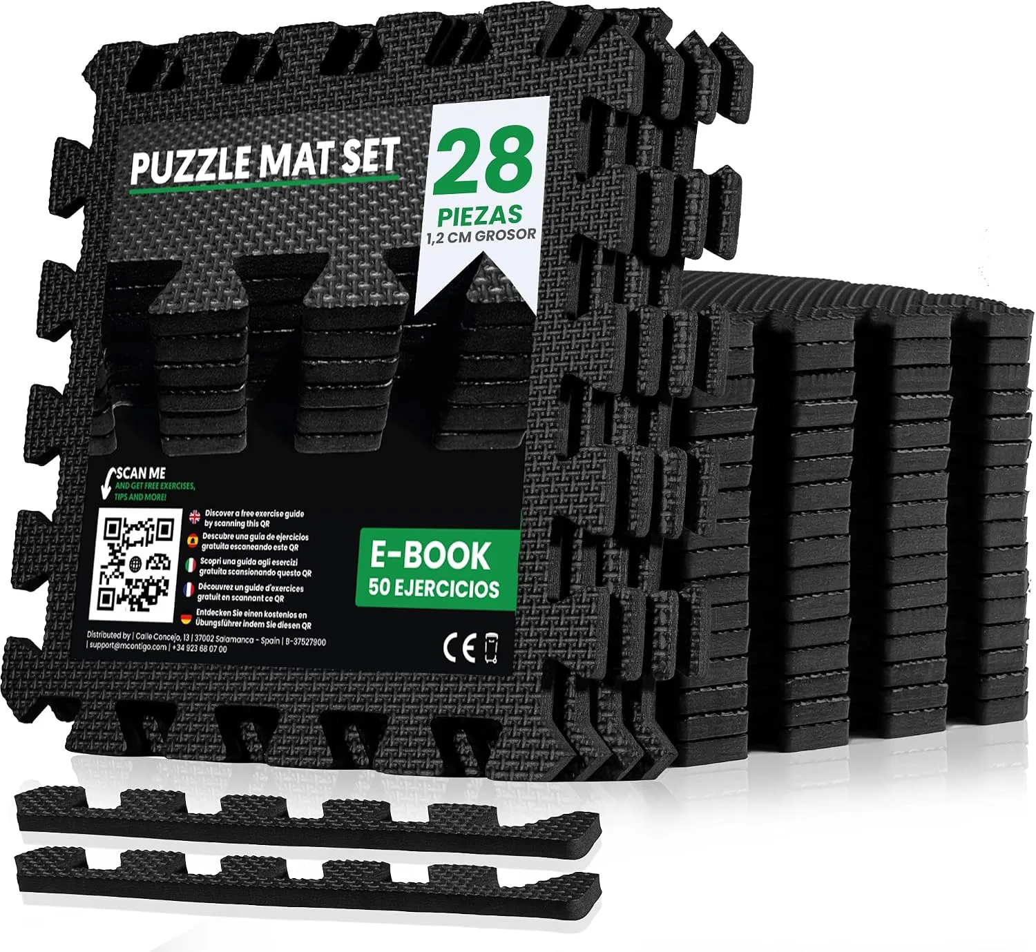 unycos - Alfombra Puzzle EVA para Gimnasio, 28 Piezas, 30x30x1,2 cm, Negro | Antideslizante, Impermeable y Expandible, Cubre 2,52 m², Fácil de Limpiar e Incluye E-book para Yoga, Pilates y Fuerza foto 1