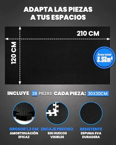 unycos - Alfombra Puzzle EVA para Gimnasio, 28 Piezas, 30x30x1,2 cm, Negro | Antideslizante, Impermeable y Expandible, Cubre 2,52 m², Fácil de Limpiar e Incluye E-book para Yoga, Pilates y Fuerza foto 4