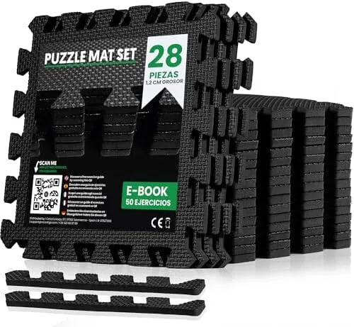 unycos - Alfombra Puzzle EVA para Gimnasio, 28 Piezas, 30x30x1,2 cm, Negro | Antideslizante, Impermeable y Expandible, Cubre 2,52 m², Fácil de Limpiar e Incluye E-book para Yoga, Pilates y Fuerza foto 5