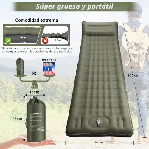 WARMTUYO 12CM Engrosado Esterilla Camping Colchon Autohinchable, Ultraligero y Inchable Colchón con Almohada y Bomba de Pie, Colchón de Aire Portátil para Camping Viajes Exteriores Senderismo Playa foto 2