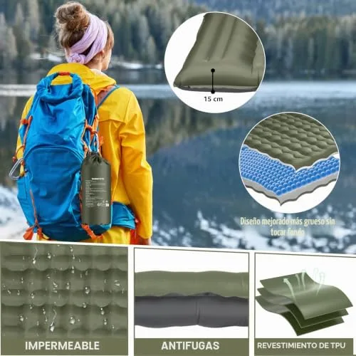 WARMTUYO 12CM Engrosado Esterilla Camping Colchon Autohinchable, Ultraligero y Inchable Colchón con Almohada y Bomba de Pie, Colchón de Aire Portátil para Camping Viajes Exteriores Senderismo Playa foto 5