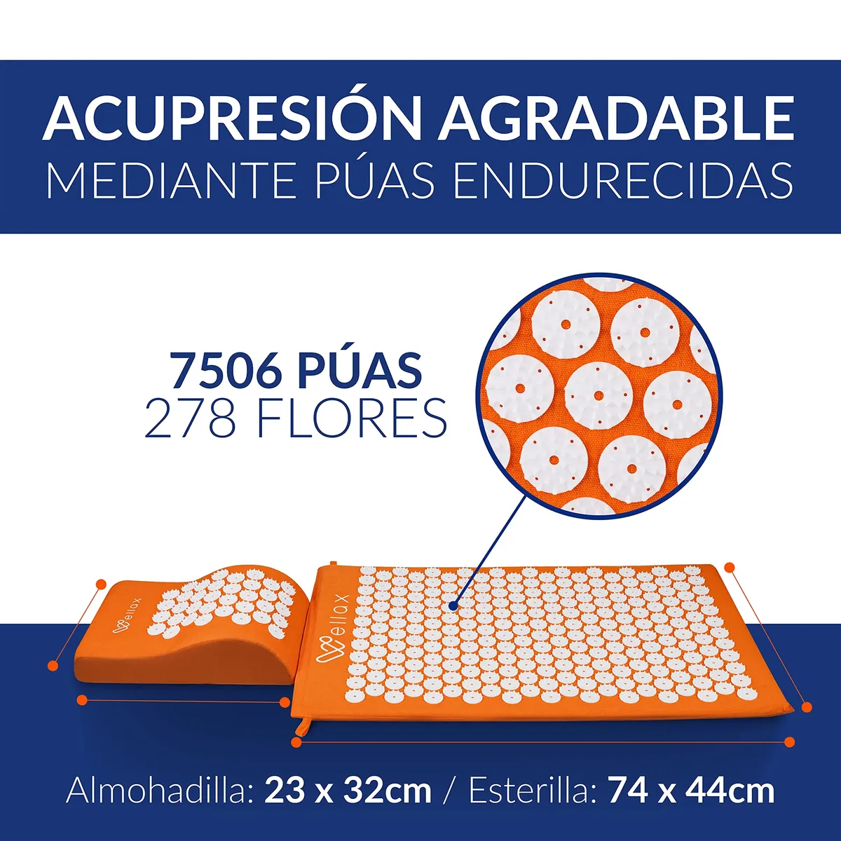 Wellax [El original] – Esterilla de acupresión con cojín – Relleno de 100% fibra de coco – Alivia la tensión y promueve la circulación sanguínea – Alfombrilla de masaje con cojín de acupresión foto 1
