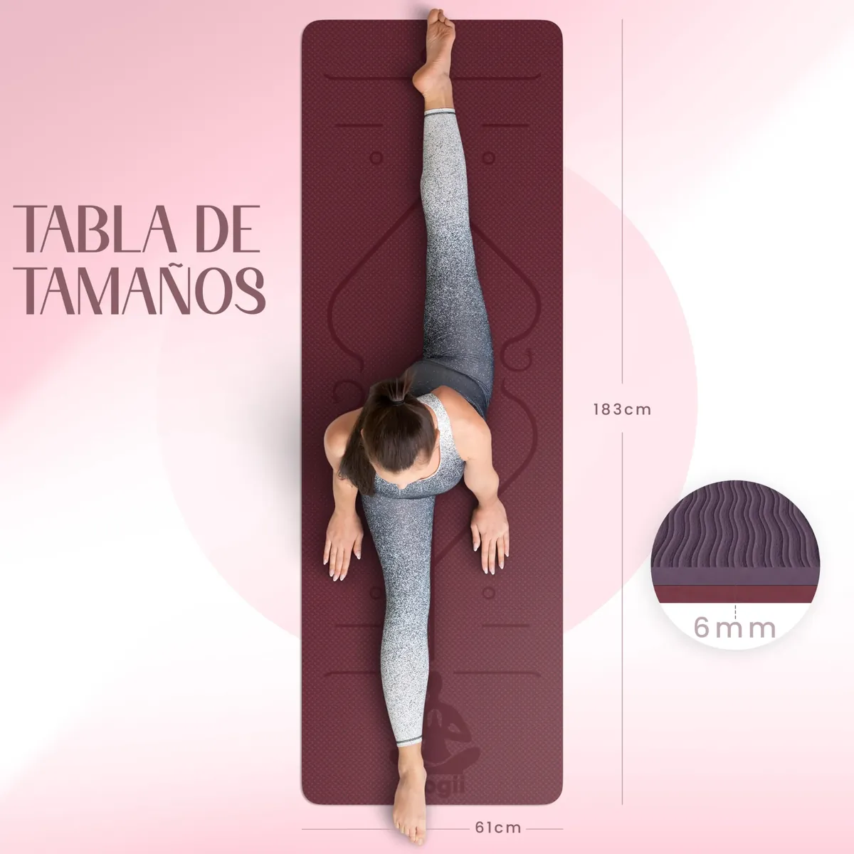 Yogii Esterilla de Yoga 6 mm burdeos/morado, Antideslizante TPE con Líneas de Alineación foto 7