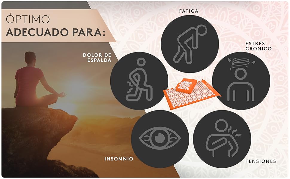 Detalle de los puntos de presión de la esterilla de acupresión Wellax, diseñada para estimular la circulación y reducir el dolor corporal.