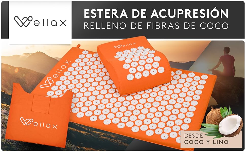Kit completo de esterilla de acupresión Wellax con almohada, ideal para aliviar tensiones musculares y mejorar el bienestar general.