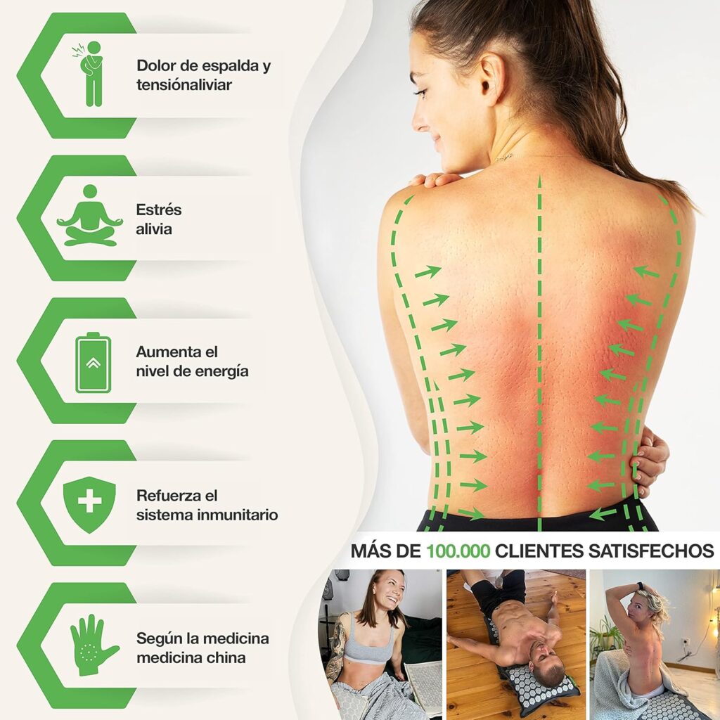 La Esterilla de Acupresión Backlaxx® estimula puntos clave del cuerpo, mejorando la circulación y reduciendo el estrés.