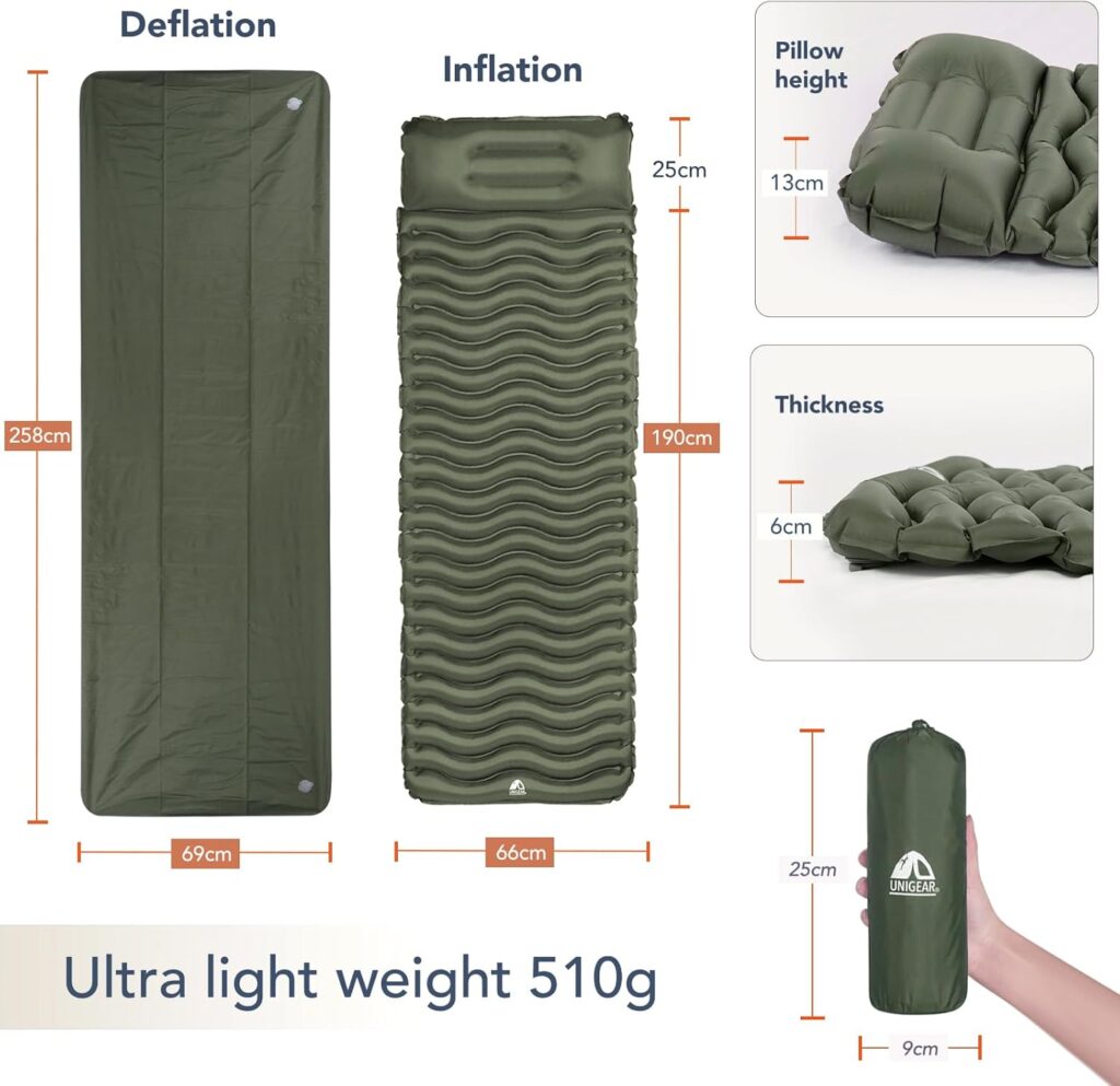 Compacta y resistente, la Esterilla Inflable Unigear para Camping es perfecta para senderismo, acampadas y escapadas al aire libre.