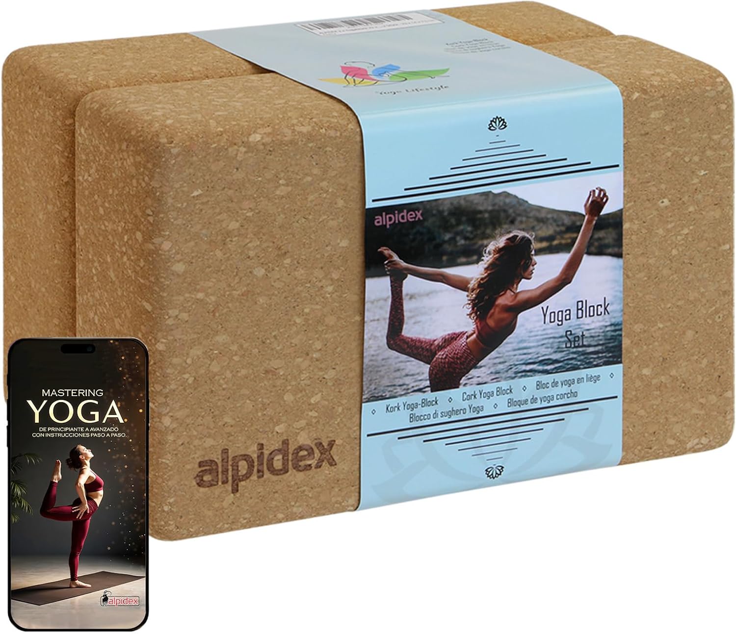 Bloque de Yoga Alpidex colocado sobre una esterilla para soporte en posturas.